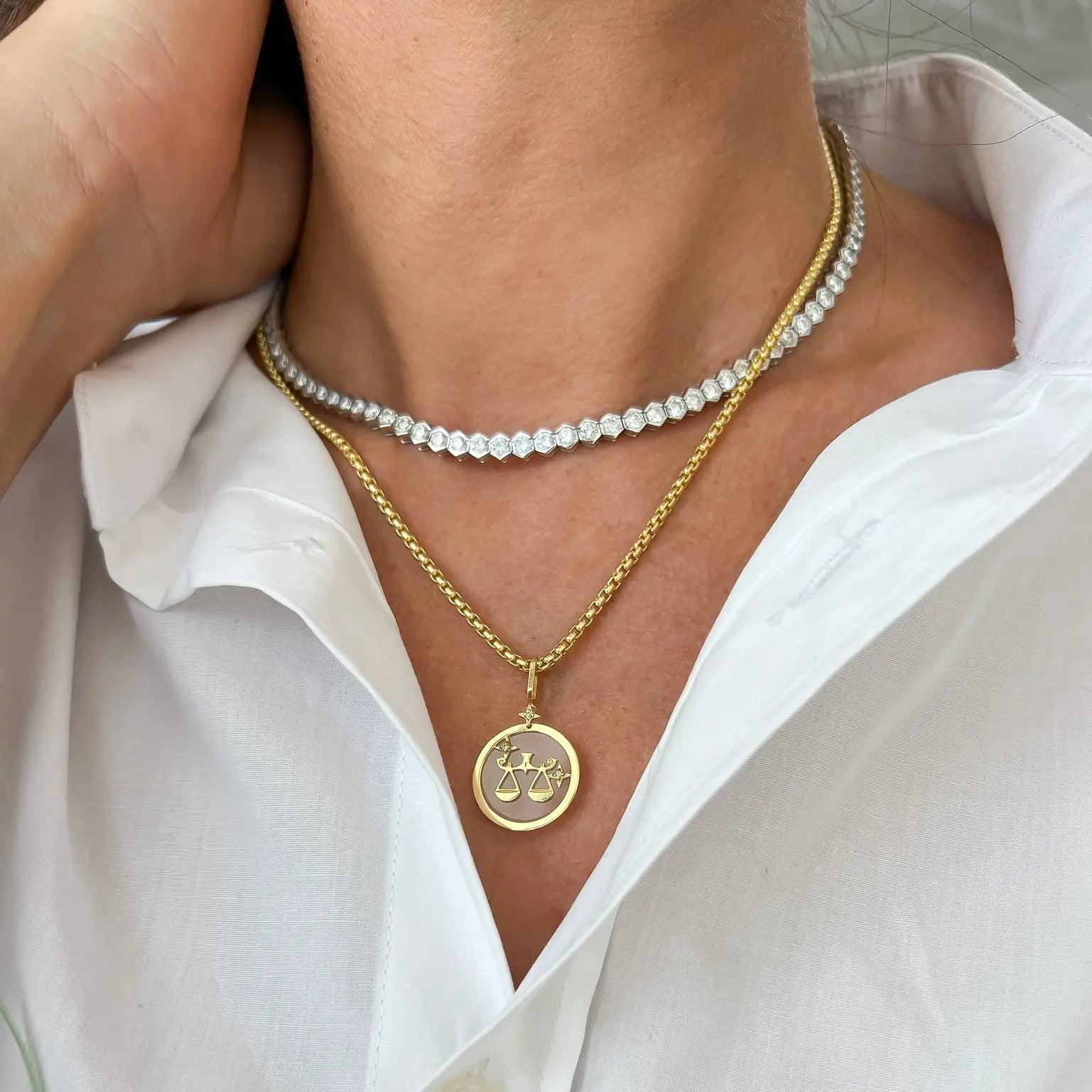 Libra Zodiac White Quartz and Diamond Pendant-Princess Jewelry Shop