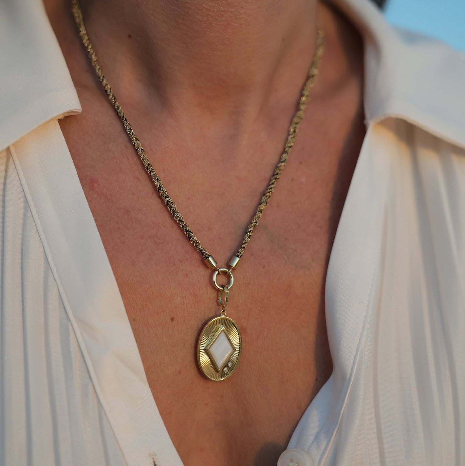 Malachite, Lapis Lazuli & Mother of Pearl Oval Pendant in 18K Yellow Gold