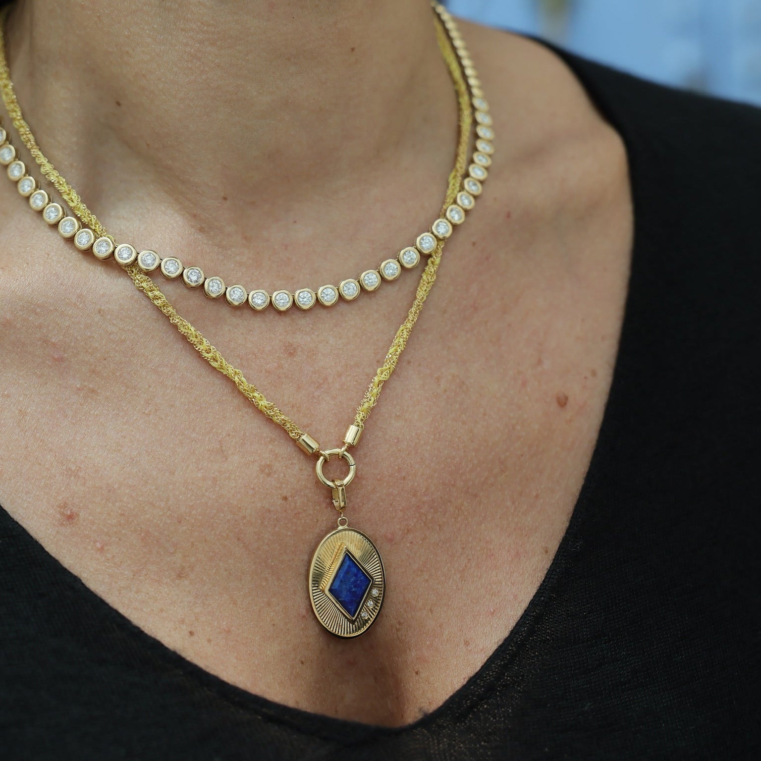 Malachite, Lapis Lazuli & Mother of Pearl Oval Pendant in 18K Yellow Gold