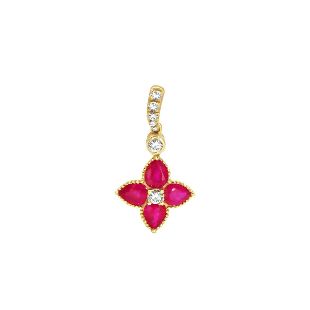 Mini Floral Pendant with Emerald or Ruby and Diamonds in Yellow Gold Princess Jewelry Shop