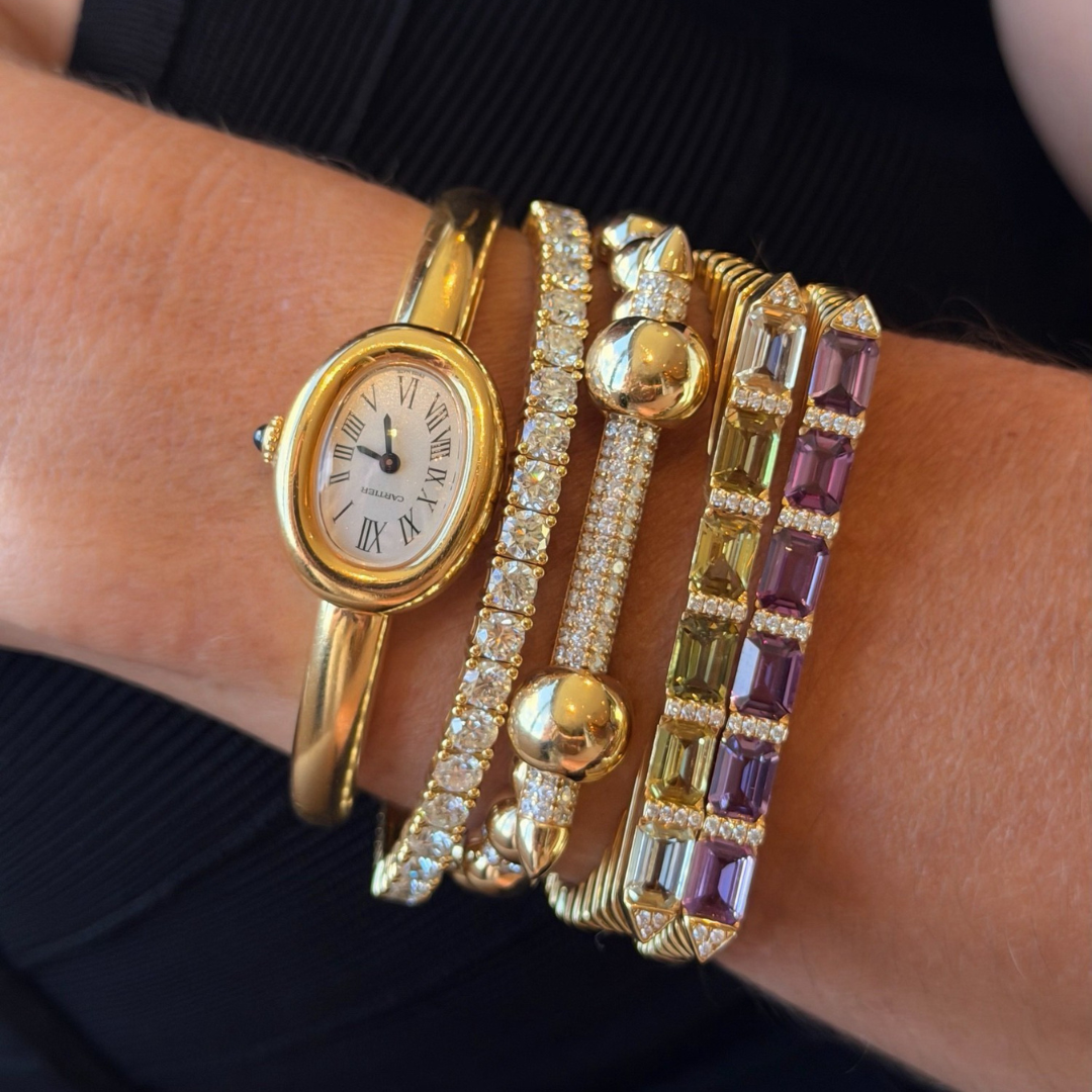 Yellow & Green Sapphire Diamond Bangle Bracelet in 18K Yellow Gold