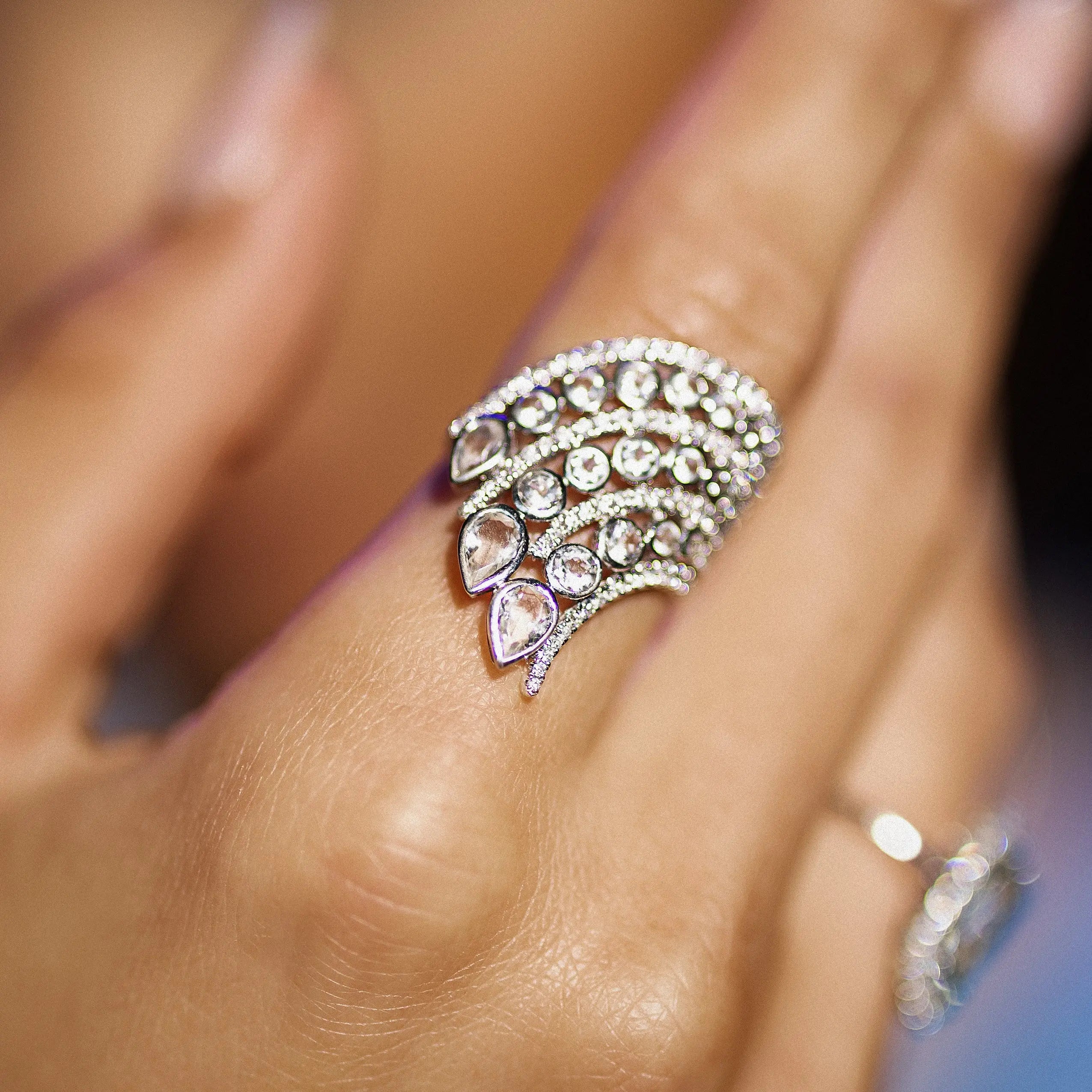 18K gold pear and round diamond pavé statement ring
