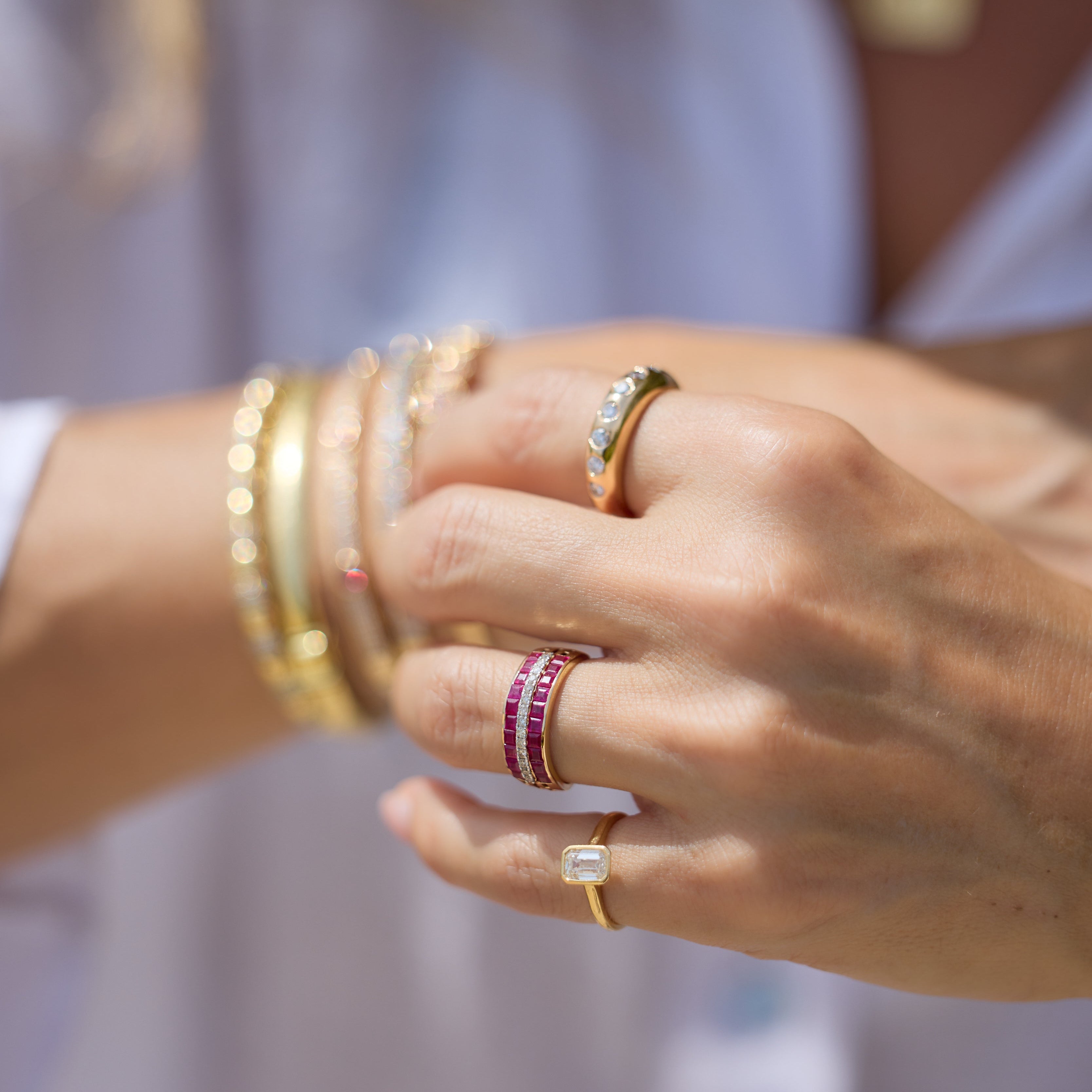 Ruby & Diamond Curved Band Ring in 14K Yellow Gold