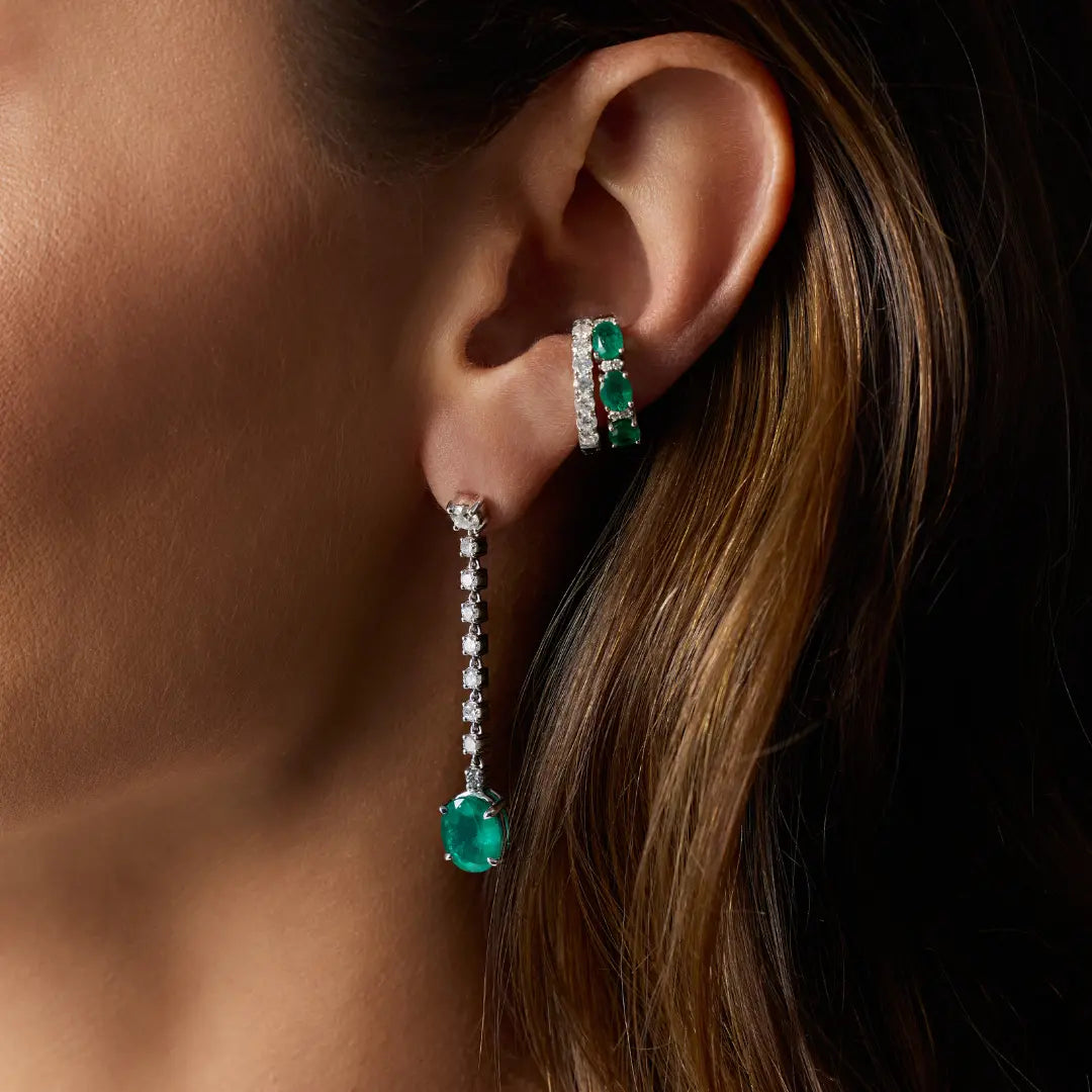 Oval Emerald and Diamond Drop Earrings in 18K White Gold | JJ Jewelry Miami