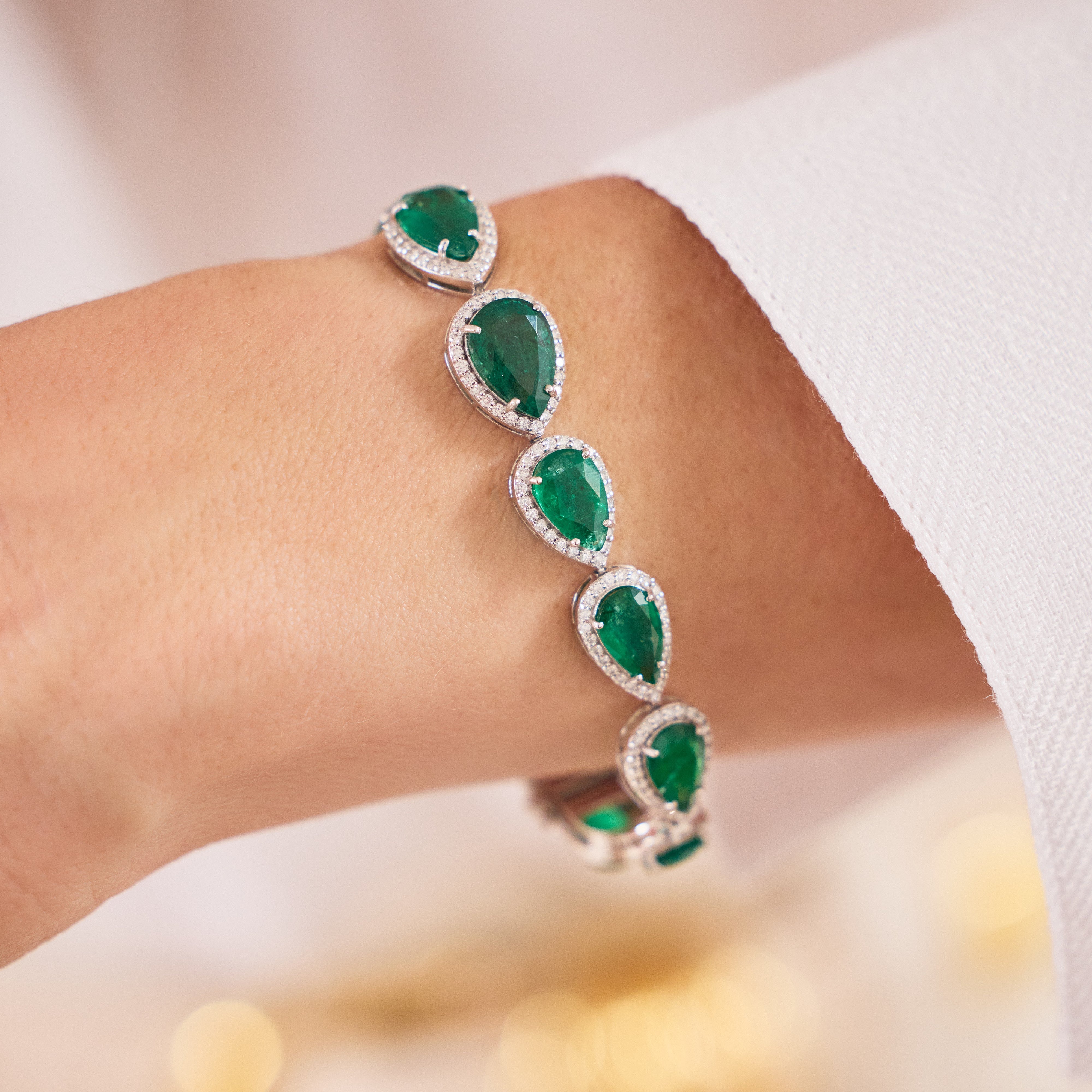Pear Emerald and Diamond Halo Bracelet in 18K White Gold